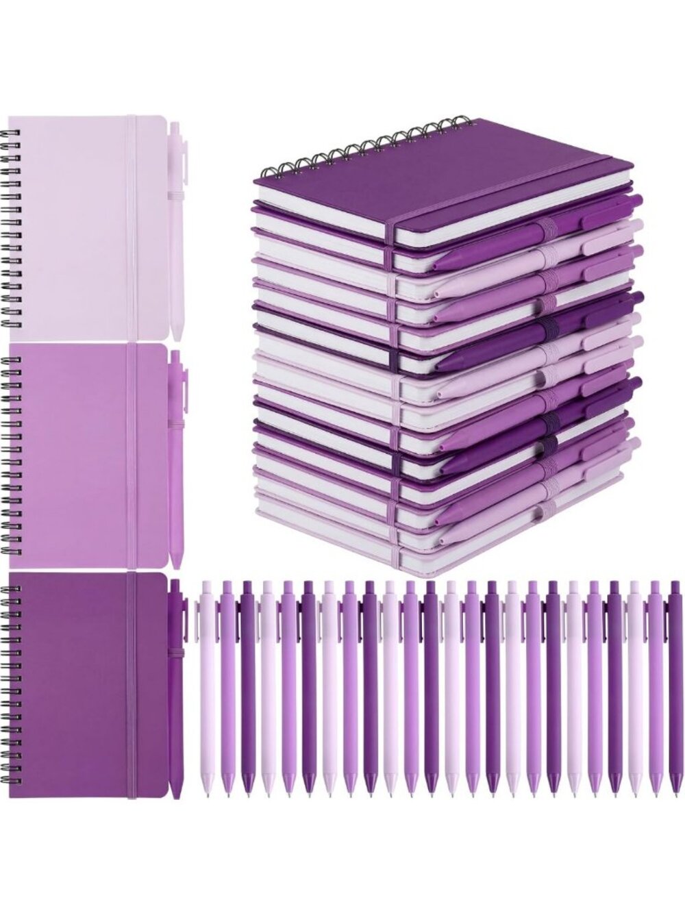30 Set Small Spiral Notebooks A6 with Pens & Holder - Violet Bloom, Perfect for